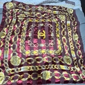 CHANEL Gold Chain Motif Silk Scarf in Burgundy & Gold